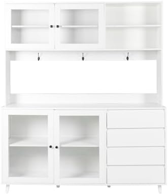 KEIKI 75" H x 63" W Kitchen Pantry Storage Cabinet with Countertop, Glass Doors, Drawers, Microwave Stand and Shelves, Tall Freestanding Wood Hutch Food Pantries Cupboard for Coffee Bar, Dining Room