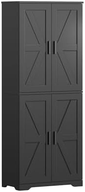 Farmhouse Storage Cabinet with 4 Door, Kitchen Pantry Storage with 4 Adjustable Shelves Wooden Cupboard for Kitchen, Dining Room, Living Room, Bathroom (Black)