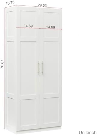 KEIKI 70.87" Tall Kitchen Pantry Storage Cabinet with 2 Door and Shelves, Freestanding Wood Hutch Food Pantries Cupboard for Coffee Bar, Dining Room, Living Room, White