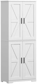 Farmhouse Storage Cabinet with 4 Door, Kitchen Pantry Storage with 4 Adjustable Shelves Wooden Cupboard for Kitchen, Dining Room, Living Room, Bathroom (White)