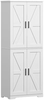 Farmhouse Storage Cabinet with 4 Door, Kitchen Pantry Storage with 4 Adjustable Shelves Wooden Cupboard for Kitchen, Dining Room, Living Room, Bathroom (White)