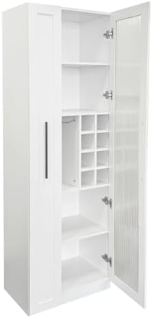 KEIKI Pull-Out Kitchen Pantry Storage Cabinet with Multi-Tier Shelf, Glass Doors, Spice Rack Next to Fridge, Freestanding Wood Hutch Food Pantries Cupboard for Coffee Bar, Dining Room, Narrow Spaces
