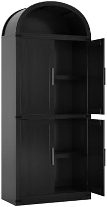 Takywep 71.6 Inch Tall Arched Pantry Cabinet with Doors, Farmhouse Storage Cabinet with Open Shelf and Metal Handles, 5 Tier Freestanding Bookcase for Kitchen Dining Room Living Room, Black