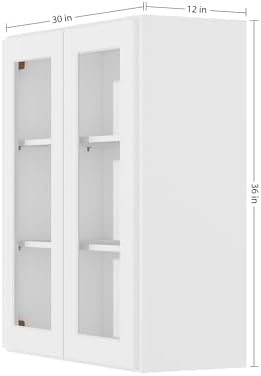 Furinno Shaker Wall Kitchen Cabinet, with 2 Doors, 3 Shelves, Glass Not Included, Ready to Assemble, 12 D x 30 W x 36 H, White
