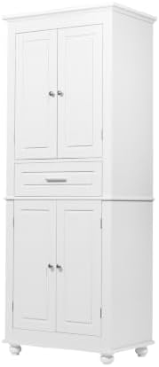 Merax 63" Pantry Cupboard with Four Doors & One Drawer, Bathroom Storage Cabinet with Adjustable Shelves for Home/Living Room/Dining Room/Kitchen, White