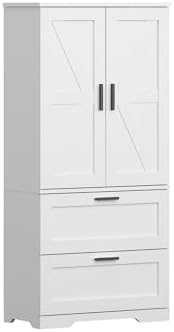 2 Door Tall Kitchen Pantry Storage, Collection Food Free Standing Wooden Storage Cabinet with 2 Drawers and Adjustable Shelves, Modern Farmhouse Versatile Storage for Kitchen, Dining Room (White)