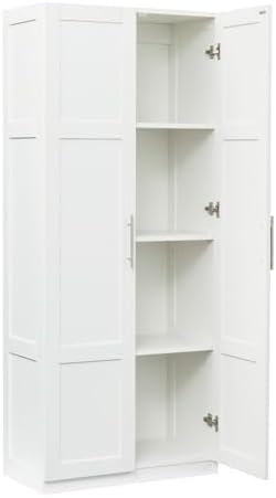 KEIKI 70.87" Tall Kitchen Pantry Storage Cabinet with 2 Door and Shelves, Freestanding Wood Hutch Food Pantries Cupboard for Coffee Bar, Dining Room, Living Room, White