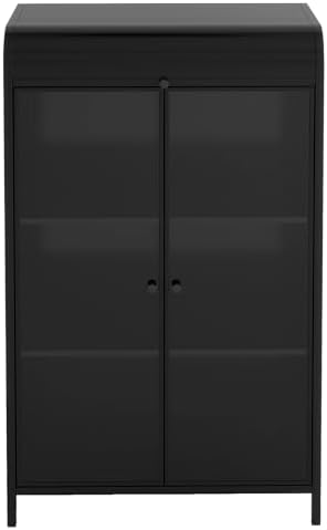 KEIKI 47.6" Tall Kitchen Pantry, Modern 4-Tier Sideboard Buffet Cabinet with Figured Glass Doors & Flip Top & Open Shelves, Industrial Metal Organizer for Living Room & Kitchen