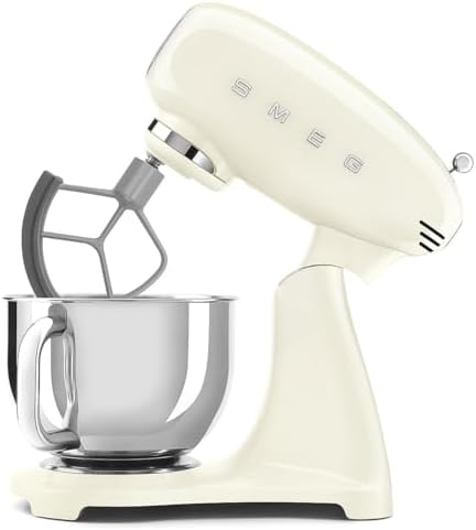 SMEG SMF05 Forte 5-Qt Stand Mixer with 750W Motor, Smooth Start & SteadyMix, Flex Edge Beater, 10 Speeds, Stainless Steel Bowl – Retro 50’s Style Planetary Mixer for Dough, Baking & Desserts-Cream