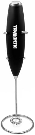 BlendWell Electric Milk Frother for Matcha and Coffee, Handheld Battery Operated Drink Mixer with Stand, Stainless Steel Whisk, Black