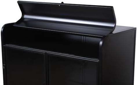 KEIKI 47.6" Tall Kitchen Pantry, Modern 4-Tier Sideboard Buffet Cabinet with Figured Glass Doors & Flip Top & Open Shelves, Industrial Metal Organizer for Living Room & Kitchen