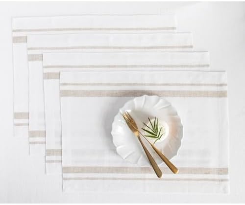 Solino Home 100% Pure Linen Placemats, 14 x 19 in, Natural Stripe, Set of 4