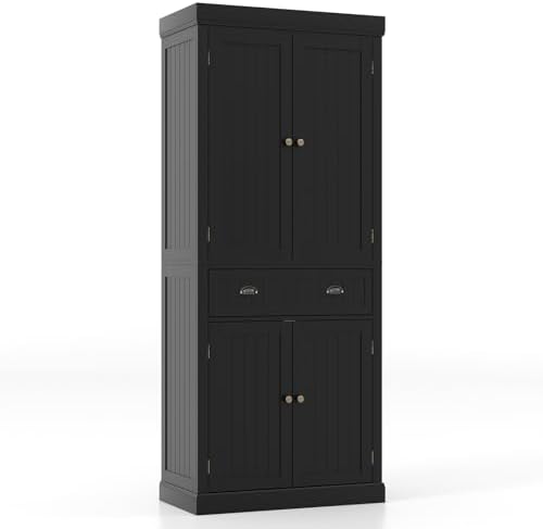 GIANTEX Pantry Organizers and Storage, 72" Tall Kitchen Cabinet with 2-Door Cabinets & Drawer, Buffet Sideboard w/Adjustable Shelves, Wooden Freestanding Cupboard for Dining Room Living Room (Black)