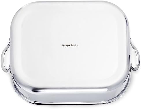 Amazon Basics Stainless Steel Rectangular Roasting Pan with Rack, Turkey Roaster, Dishwasher Safe, Easy to Clean, Oven Safe, 16 in