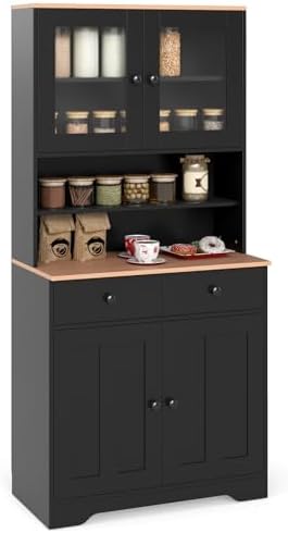 Tall Kitchen Pantry Cabinet, Freestanding Hutch Cabinet with 2 Adjustable Shelves, 2 Glass Doors & 3 Pull-Out Drawers, Wooden Buffet Hutch with Wine Rack, Countertop for Dining Room (Black)