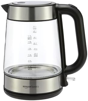 Amazon Basics Electric Kettle with Glass Carafe for Tea and Coffee, BPA-Free, Fast Boiling, Auto Shut-Off, Boil-Dry Protection, Water Level Indicator, 1.7 Liter, 1500W, Black and Silver by AmazonBasics
