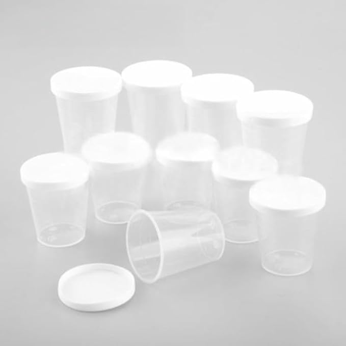 100ml Medicine Measuring Cups - 10 Pcs Clear Plastic Containers with White Lids for Liquid and Sample Measurement