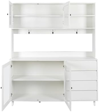KEIKI 75" H x 63" W Kitchen Pantry Storage Cabinet with Countertop, Glass Doors, Drawers, Microwave Stand and Shelves, Tall Freestanding Wood Hutch Food Pantries Cupboard for Coffee Bar, Dining Room