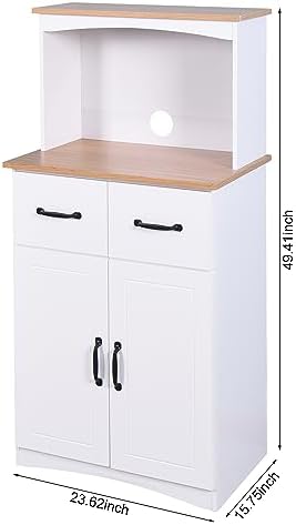 GDFStudio Wooden Kitchen Pantry Cabinet with Microwave Stand & Storage Drawer, Modern MDF Storage Cabinet with Adjustable Shelf, 2 Doors, Rectangle Home Organization Cupboard, White