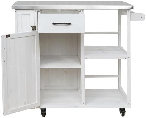 Merax 40.5" Outdoor Grill Cart Table with Storage Cabinet & Stainless Steel Top, Fir Wood Outdoor Kitchen Island on Lockable Wheels, Built-in Towel & Spice Racks for Patio BBQ Food Prep, White