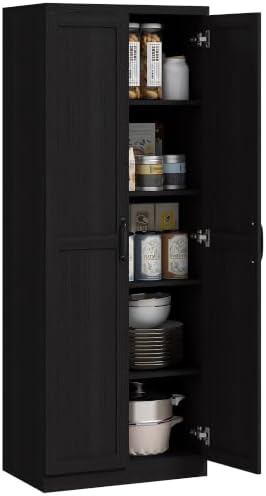 HOMCOM 63" Kitchen Pantry Cabinet with Doors and Adjustable Shelves, Black
