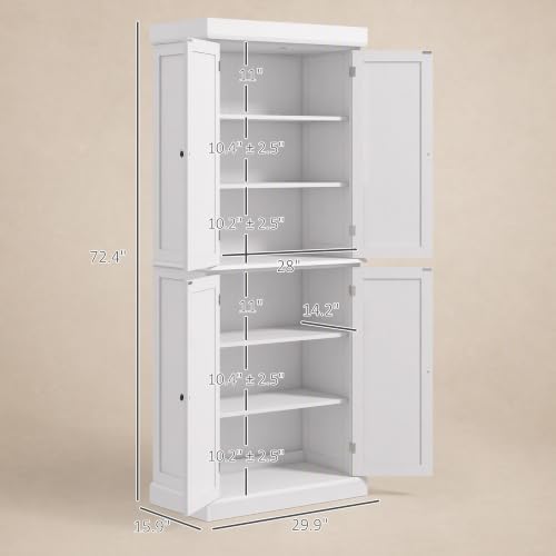 HOMCOM 72.5" Tall Kitchen Pantry Cabinet 4 Doors Modern White