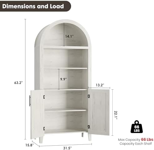 Garvee Arched Cabinet with Doors, 5-Tier Kitchen Pantry Cabinet with Adjustable Shelves, Wooden Open Farmhouse Storage Organizer for Kitchen, Dining Room, Living Room, Home Office, White