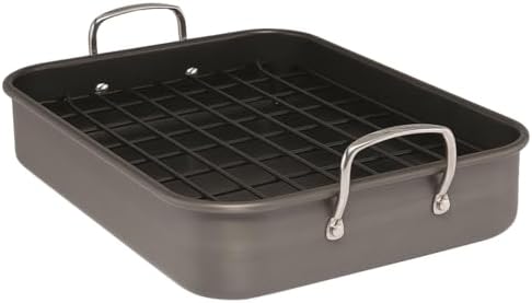 Rachael Ray Brights Hard Anodized Nonstick Roaster / Roasting Pan with Rack - 16 Inch x 12 Inch, Gray