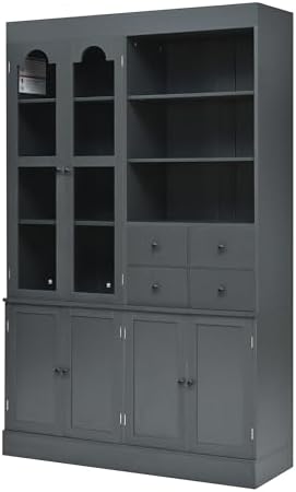 Merax Wood Kitchen Pantry with 4 Drawers, 3 Cabinets and Hutch, Tall Cupboard Dining Storage Cabinet with Door Shelves and Pull-Out Trays for Living Room, Kitchen, Dining Room Gray