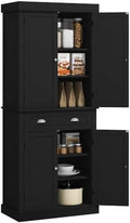 HOMCOM 72.5" Kitchen Pantry Cabinet Freestanding 4 Doors Black Wood Grain