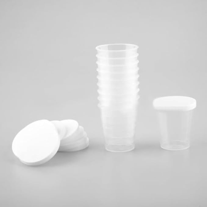 100ml Medicine Measuring Cups - 10 Pcs Clear Plastic Containers with White Lids for Liquid and Sample Measurement