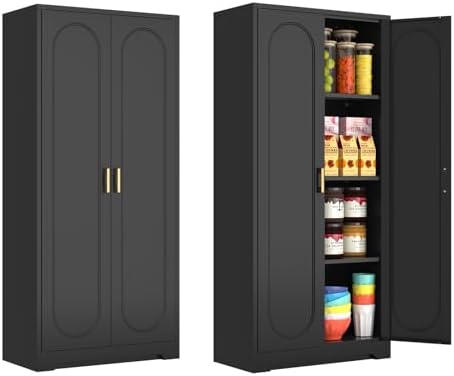 Polup 60" Black Metal Kitchen Pantry Storage Cabinet with Doors and Shelves