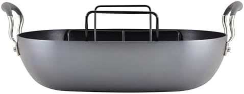 Anolon Advanced Hard Anodized Nonstick 2 Piece Roaster/Roasting Pan with Wire Rack, Oval, 16 Inch x 13 Inch, Dark Gray