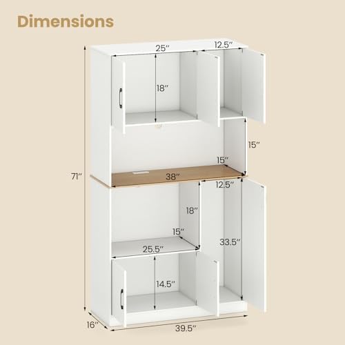 Giantex Kitchen Pantry Cabinet, 71" Kitchen Hutch with 4 Storage Cabinet, Built-in Power Outlet, Wooden Microwave Stand with Large Countertop, Modern Tall Cupboard for Dining Room Coffee Bar, White