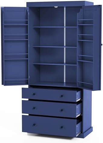 Merax 77" Tall Kitchen Storage Cabinet Pantry Farmhouse Freestanding Large Cupboard with 3 Drawers,Adjustable Shelves,8 Door-Shelf for Dining Room