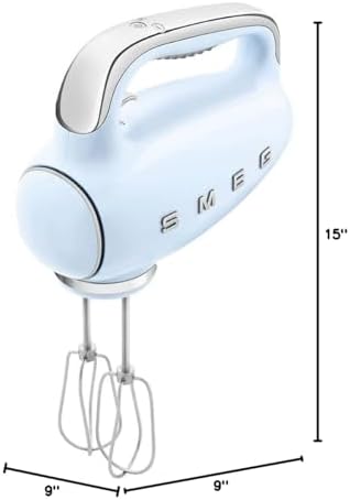 SMEG Pastel Blue 50's Retro Style Electric Hand Mixer with Set of Beaters, Set of Dough Hooks and Set of Whisks