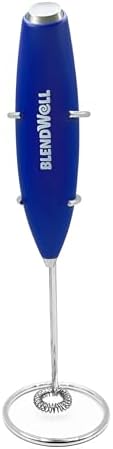 BlendWell Electric Milk Frother for Matcha and Coffee, Handheld Battery Operated Drink Mixer with Stand, Stainless Steel Whisk, Blue