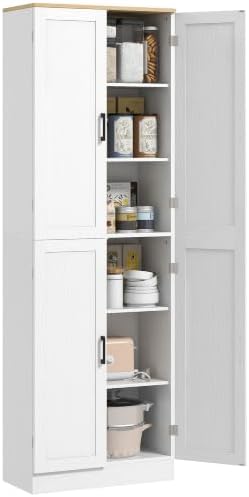 HOMCOM 67" Freestanding Kitchen Pantry 4-Door Cabinet Distressed White