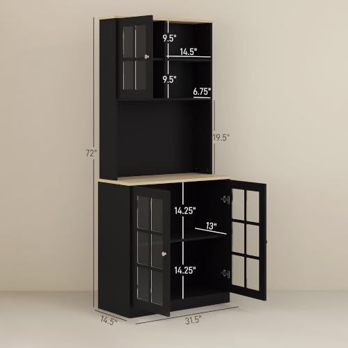 HOMCOM Kitchen Pantry Storage Cabinet 72" with Hutch, Black