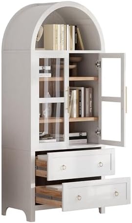 Merax 71" Tall Arched Farmhouse Pantry Cabinet with Glass Doors & 2 Large Drawers - Adjustable Shelves, Modern Kitchen Storage Cupboard for Dining Room, Living Room (30" W x 15.75" D), White