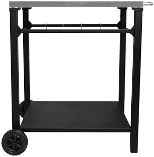 KEIKI 2-Tier Outdoor Grill Cart Table with 2 Wheels, Tool Hooks, Movable BBQ Cooking Prep Table, Pizza Oven Table, Serving Bar Cart for Backyard, Indoor, Outside, Kitchen, Stainless Steel