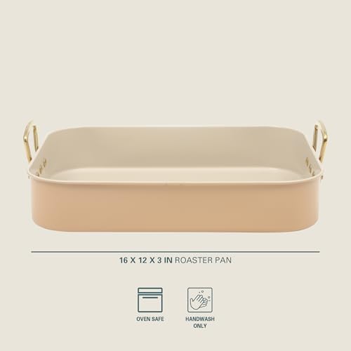 Gibson Home Broxton 2-Piece Nonstick Roaster Pan with Rack – 16 x 12 Inch Apricot Turkey Roasting Pan with Cast Aluminum Gold Handles – Oven-Safe, Easy-Clean, Holiday Cookware