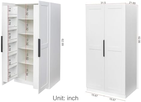KEIKI 63" Tall Kitchen Pantry Storage Cabinet with Door-Side Rack & Shelves, Freestanding Wood Hutch Food Pantries Cupboard for Coffee Bar, Dining Room