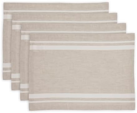 Solino Home 100% Pure Linen Placemats, 14 x 19 in, White Striped, Set of 4