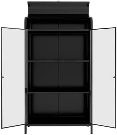 KEIKI 47.6" Tall Kitchen Pantry, Modern 4-Tier Sideboard Buffet Cabinet with Figured Glass Doors & Flip Top & Open Shelves, Industrial Metal Organizer for Living Room & Kitchen