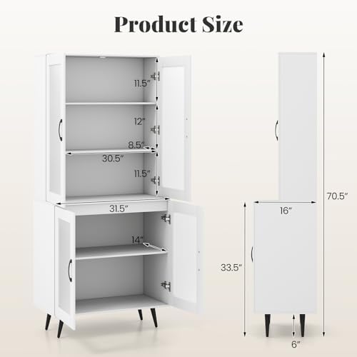 GIANTEX Kitchen Pantry Storage Cabinet, 70.5" Cupboard with 4 Transparent Doors, Adjustable Shelf & Metal Legs, Freestanding Tall Hutch Cabinet for Dining Room, Living Room, Office & Bathroom, White