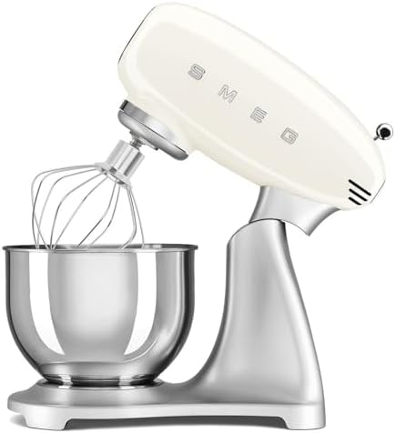 SMEG SMF04 5-Qt Stand Mixer with Smooth Start & SteadyMix, 600W Motor, 10 Speeds, Stainless Steel Bowl & Pour Shield – Retro 50’s Style Planetary Mixer for Bread Dough, Baking & Desserts-Cream