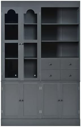 Merax Wood Kitchen Pantry with 4 Drawers, 3 Cabinets and Hutch, Tall Cupboard Dining Storage Cabinet with Door Shelves and Pull-Out Trays for Living Room, Kitchen, Dining Room Gray
