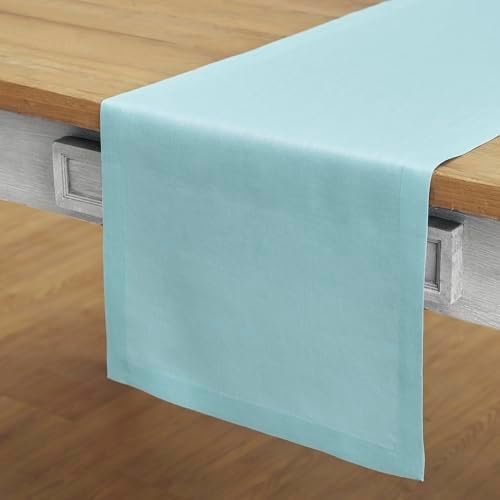 Solino Home 100% Pure Linen Table Runner Aqua Blue Long, Fete 14 x 108 in