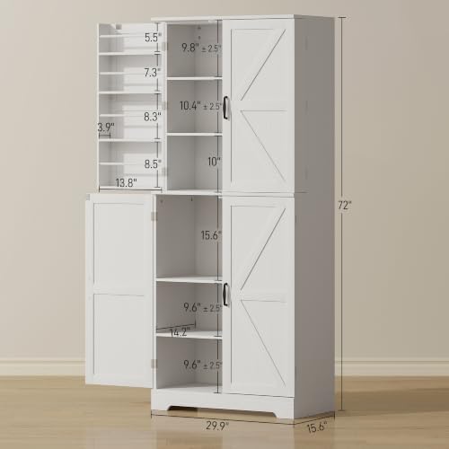 HOMCOM 72" Farmhouse Kitchen Pantry Cabinet, Tall, 4 Barn Doors, White
